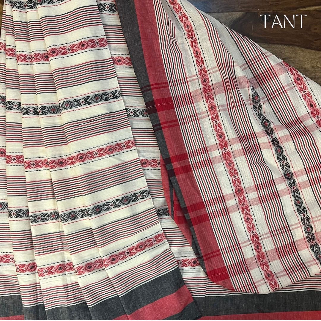 Beige With Red and Black Dhonekhali Saree without BP