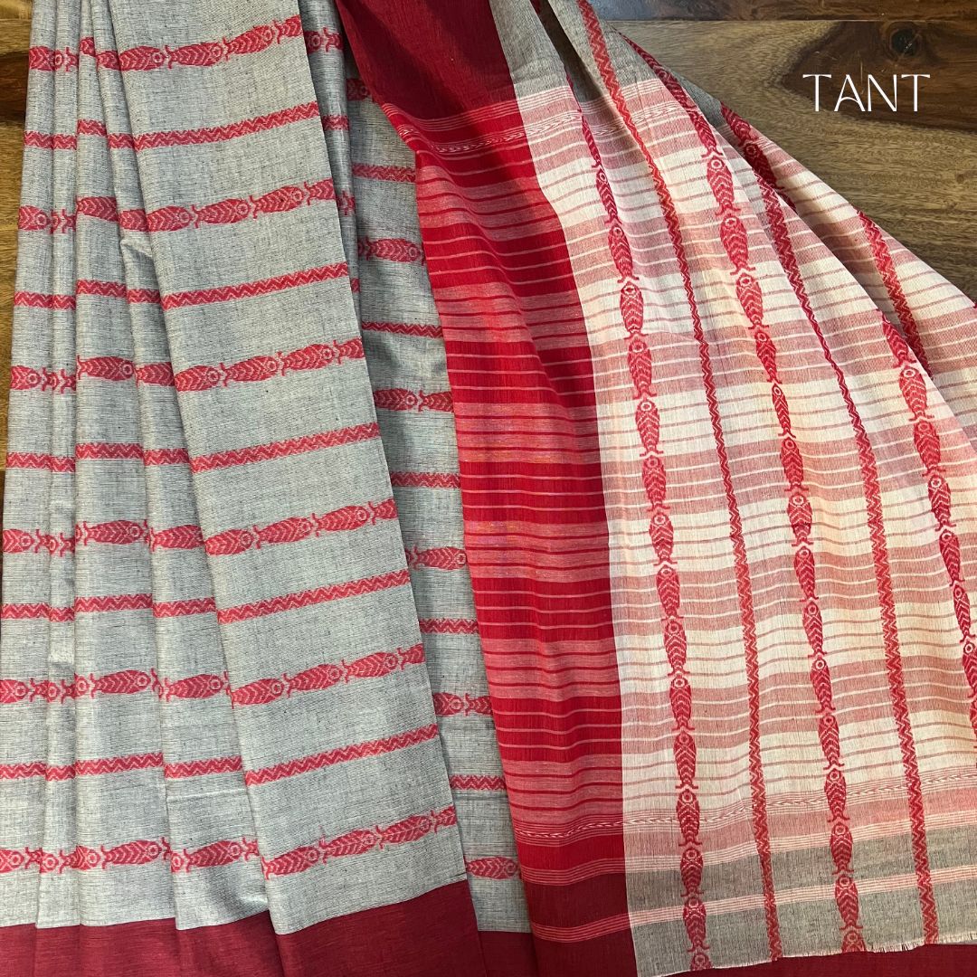 Grey And Red Dhonekhali Sarees without BP