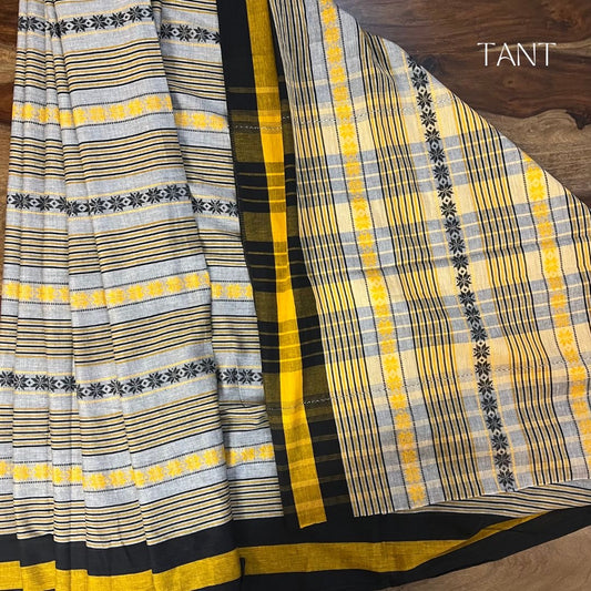 Grey with Yellow and Black Dhonekhali Saree without BP