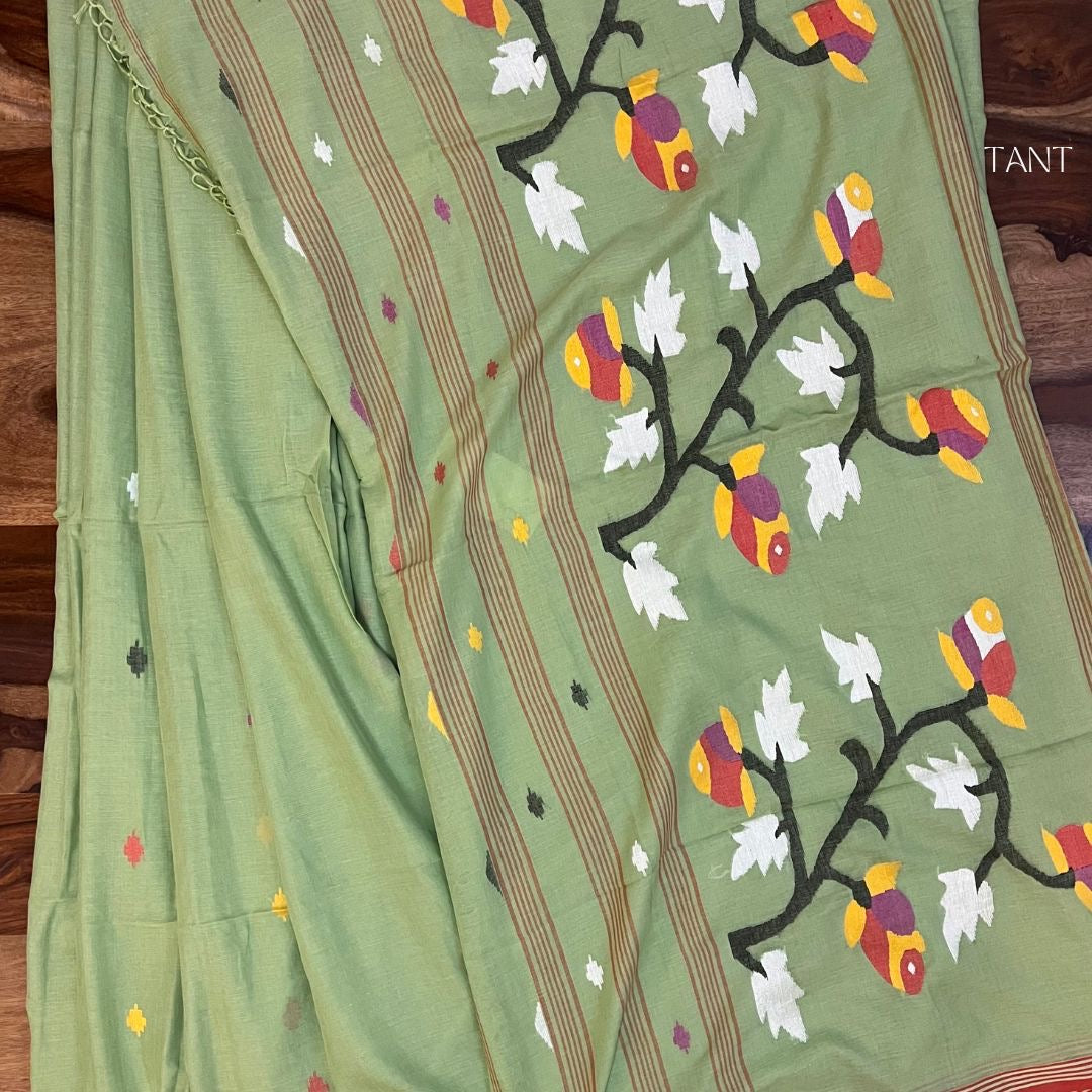 Parrot Green Cotton Jamdani Saree without BP