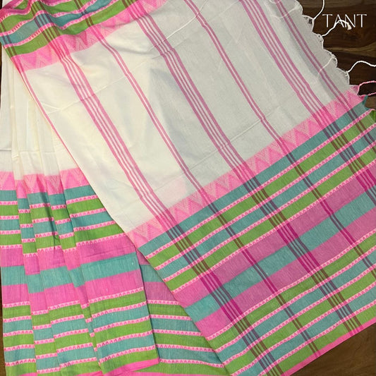 White Base with Pink and Green Border Saree with BP