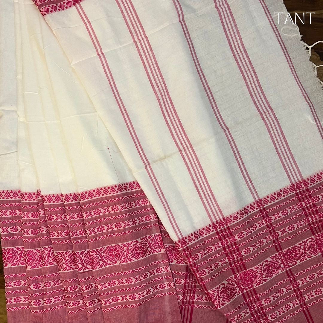 White With Pink Border Cotton Begumpuri Saree with BP